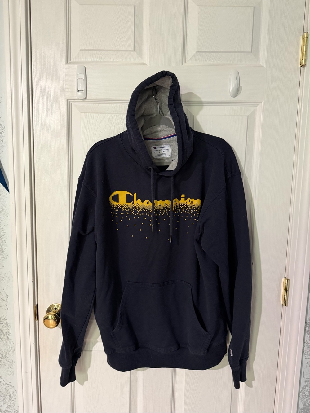 Champion Men’s Size Large Navy Blue With Gold Lettering Hooded Sweatshirt